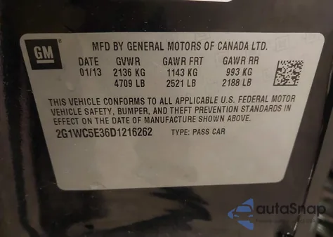 2013 Chevrolet Impala Ltz z USA, uszkodzony, nr VIN 2G1WC5E36D1216262